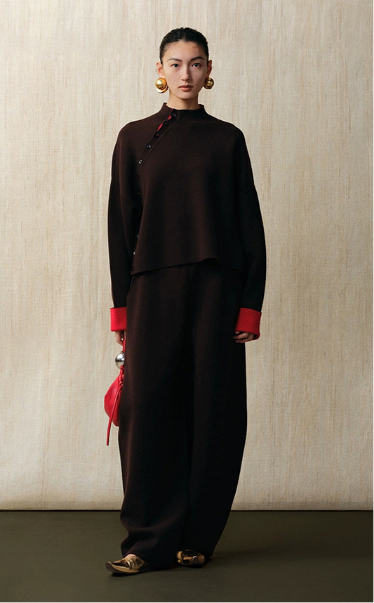 ZHUCHONGYUN double-sided loose crewneck wool knit top and pant set- PIN.