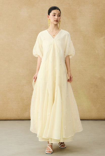 HECO  New Chinese Embroidered V-Neck Puff Sleeve Dress - CORAINE.