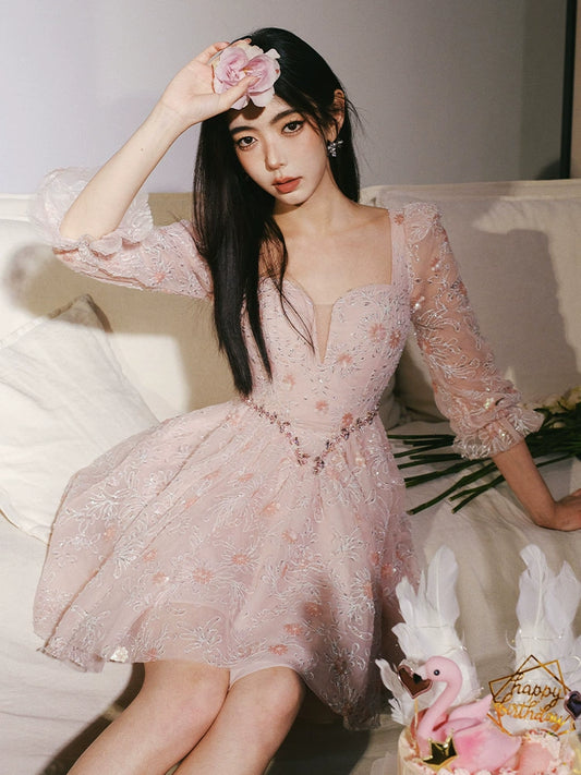 Wardrobes by Chen Luxury Pink Lace Long Sleeve Pleat Dinner Dress-Eni