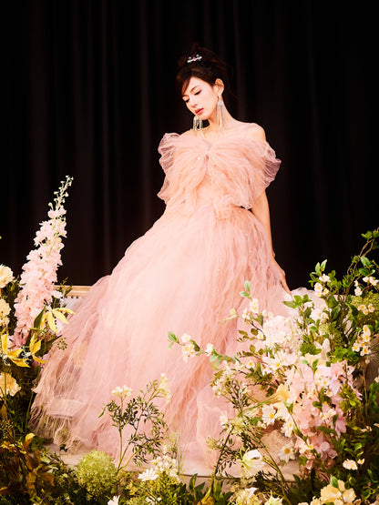 DOLLY Elegant Pink Sleeveless Big Bow Long Pleated Sequin Award Night Dress-CLEO  (V)