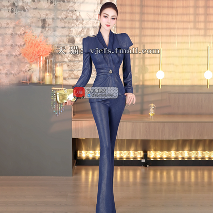 VJE pleated top bell bottom pants two-piece suede suit set - OPO.