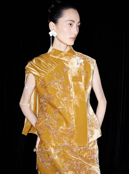 M essential Marquette designer Juyi velvet drape structure slim side vest - STREAM.