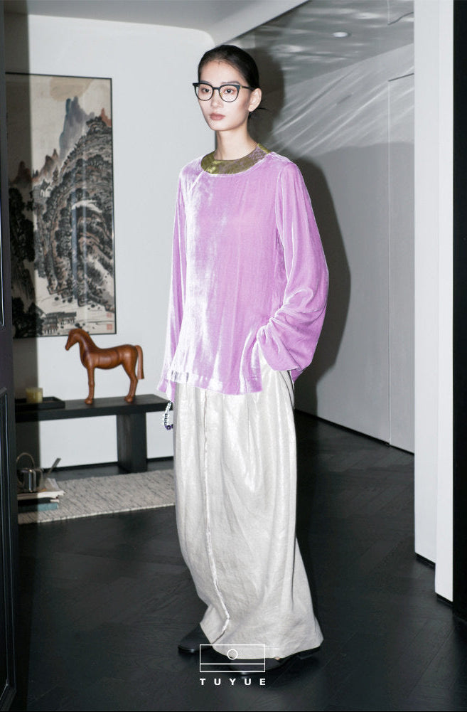 TUYUE Lilac Purple Silk Velvet Long Sleeve Loose Top- SHEENA.