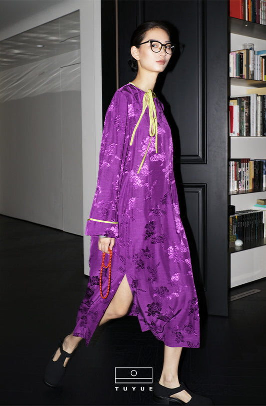 TUYUE Imperial Purple Side Placket Crew Neck Slit Lace-up Dress - JENNIFER.