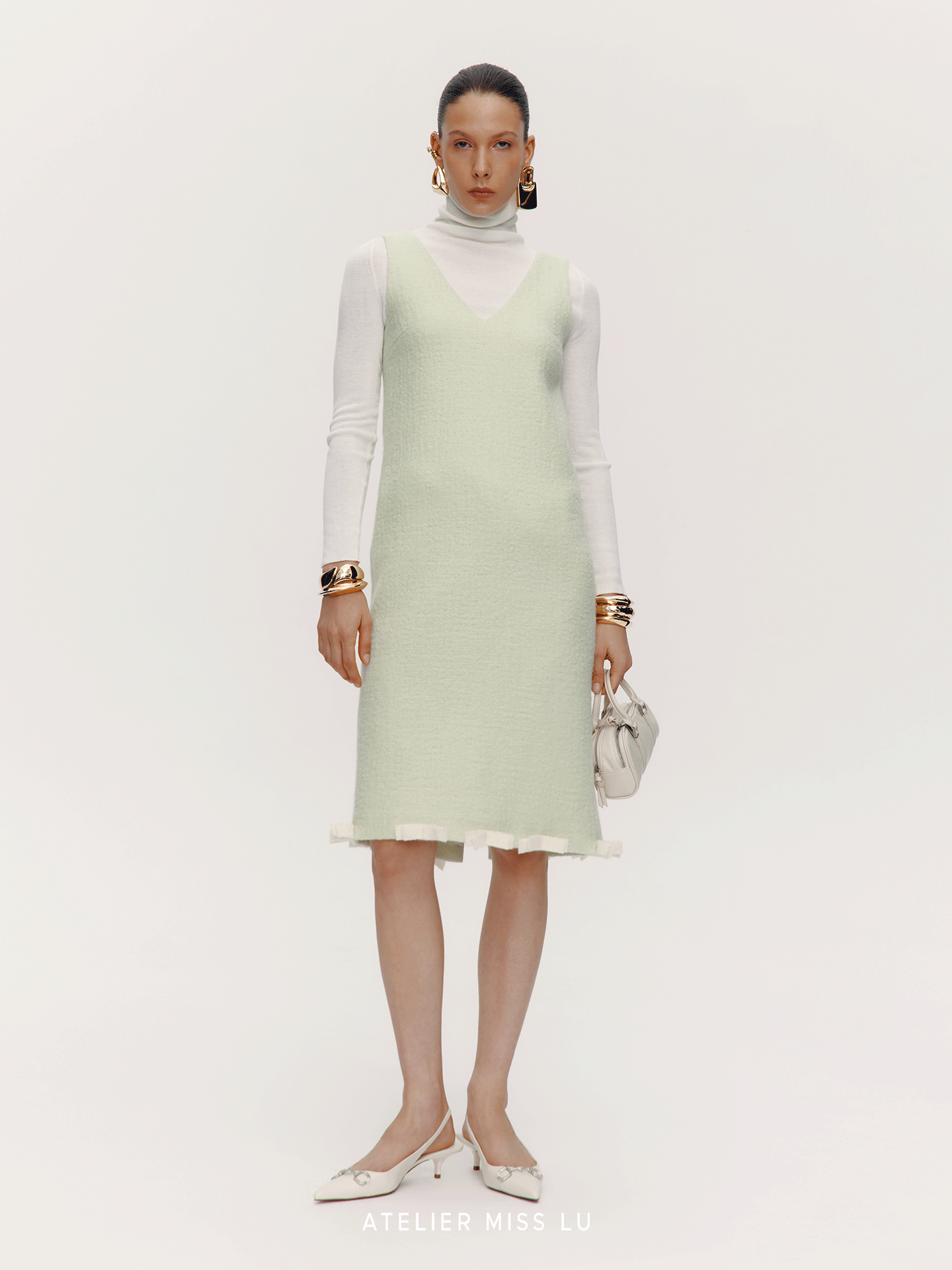 ATELIER MISS LU Bow Patchwork Sheep Wool Dress - SHANE.
