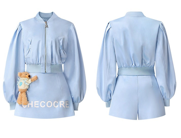 CHECOCRE Three-dimensional Bear Design Sense Blue Two-Piece Short Set Suit  - MORGAN