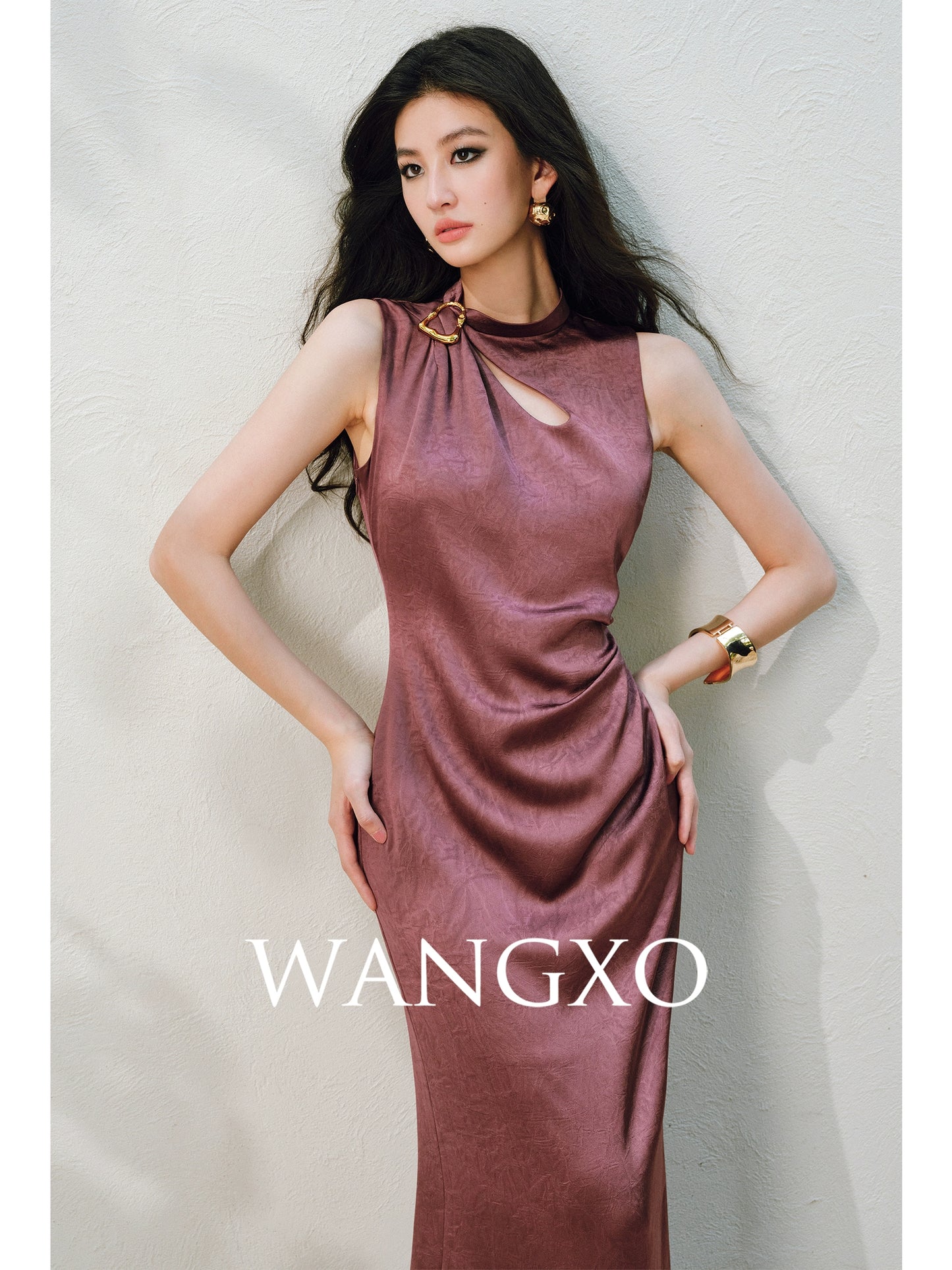 WANGXO |Water Drop Cutout, Custom Pin & Pinch-Pleated Sleeveless Dress- SENA