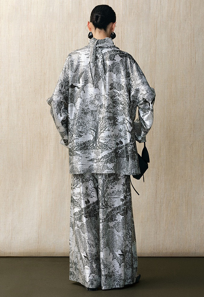 ZHUCHONGYUN bronzing fiber satin loose straight pants and top outfit set-SKYE.