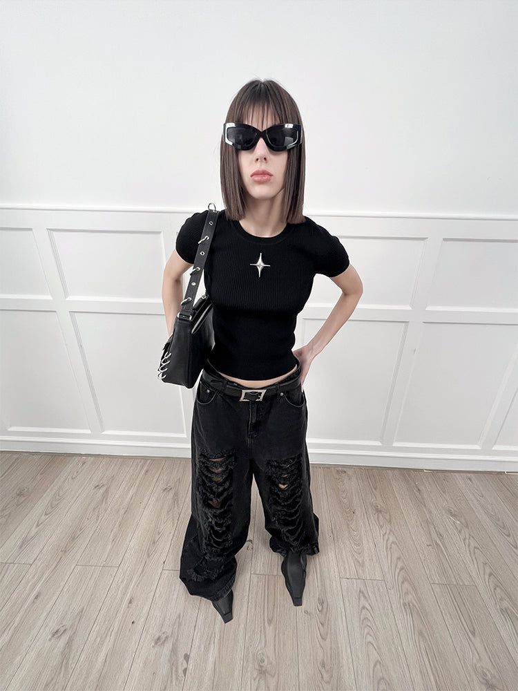 ANNAKIKI  Designer Women's Niche Black Ripped Distressed Jeans Wide-leg Pants-SPIKE