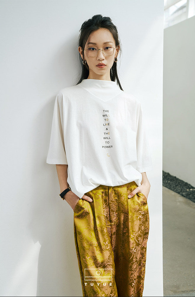 TUYUE white cotton printed small turtleneck short-sleeved T-shirt - MING.