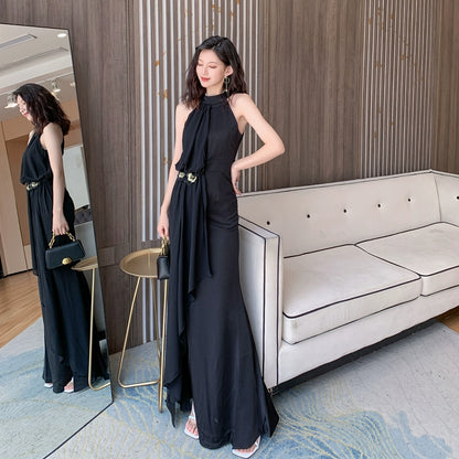 DOLLY Elegant Retro Style Black Sleeveless Halter Neck Long Chiffon Banquet Dress-