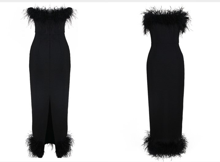 DOLLY Luxury White French Style Sleeveless Feather Tube Top Long Party Dress-HEIDI