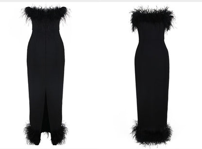 DOLLY Luxury White French Style Sleeveless Feather Tube Top Long Party Dress-HEIDI