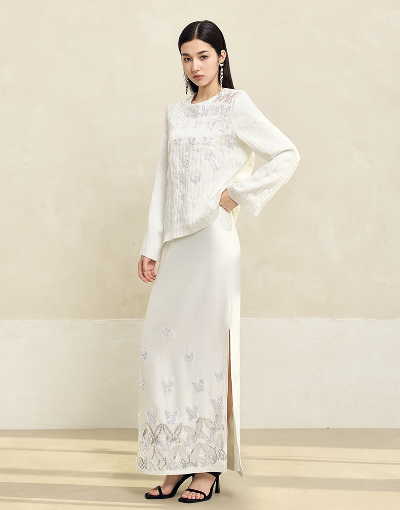 HECO Butterfly Embroidery black white High-waisted Straight Skirt Women - CODE.