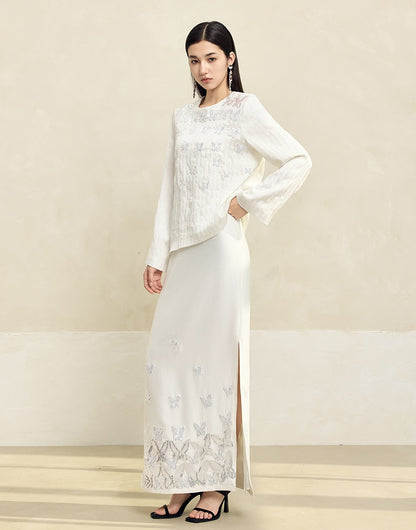 HECO Butterfly Embroidery black white High-waisted Straight Skirt Women - CODE.