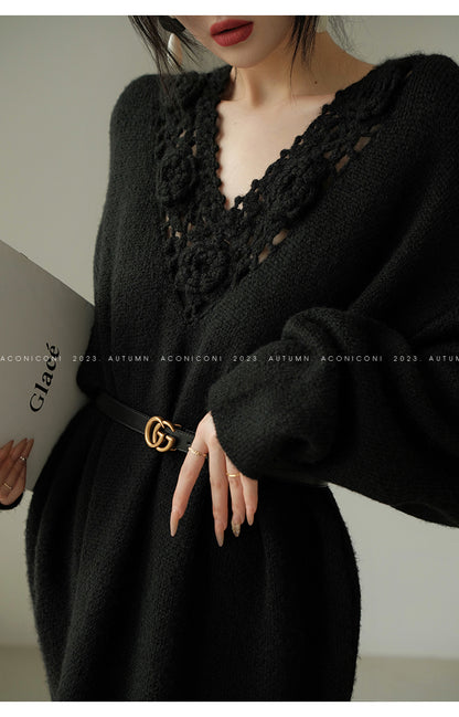 Aconiconi|Purple Flower Crochet openwork long cropped loose wool knit sweater  dress - Twilight