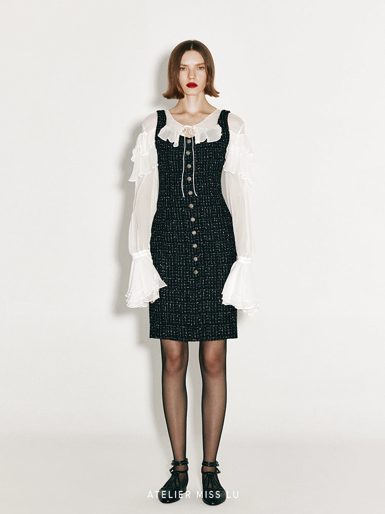 ATELIER MISS LU Vintage Metallic Buckle Tweed Dress - TOWER
