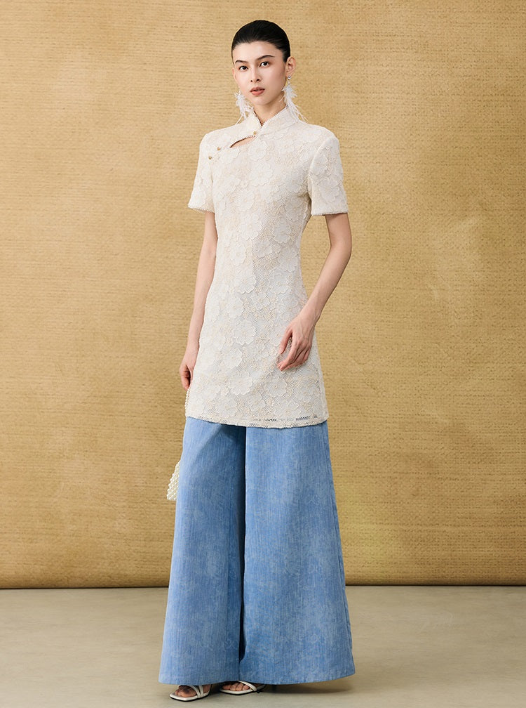 HECO Chinese style short-sleeved embossed flower summer cut-out short dress- TEMIRO.