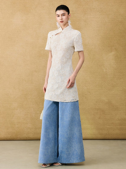 HECO Chinese style short-sleeved embossed flower summer cut-out short dress- TEMIRO.