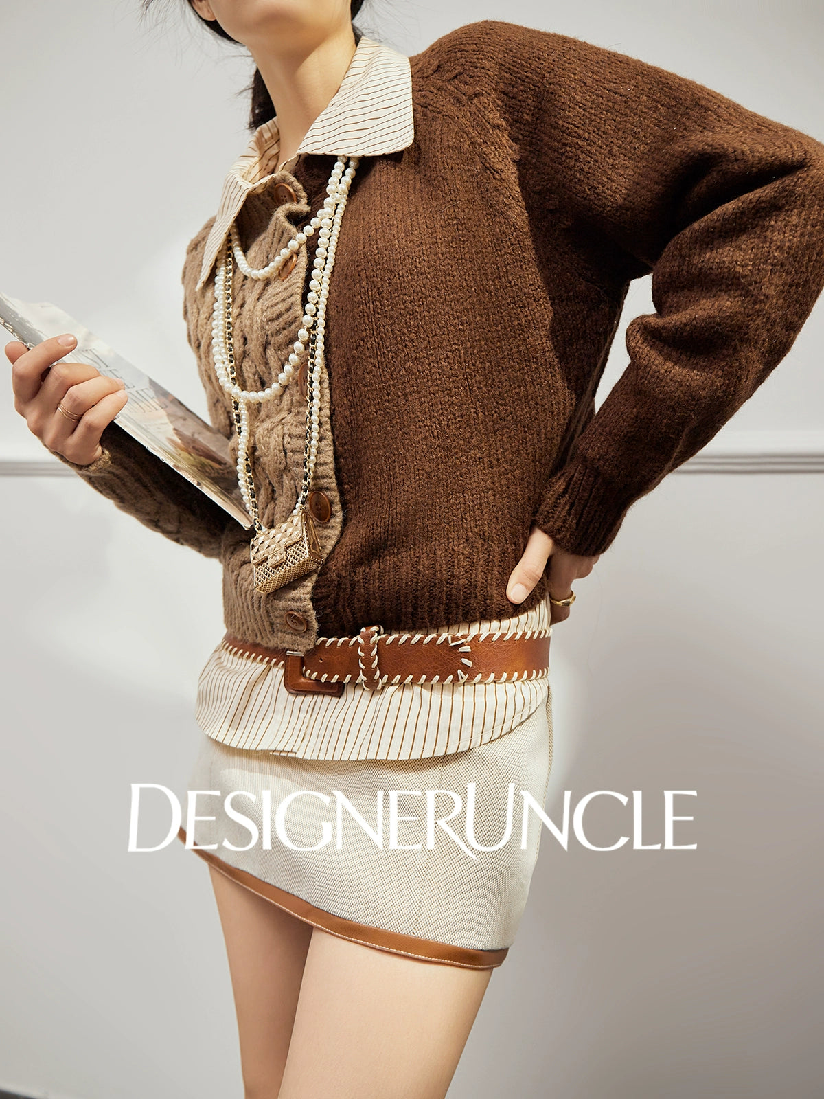 DGU×LAB "Mellow Autumn" brown new crew neck patchwork cropped jacket - JEN