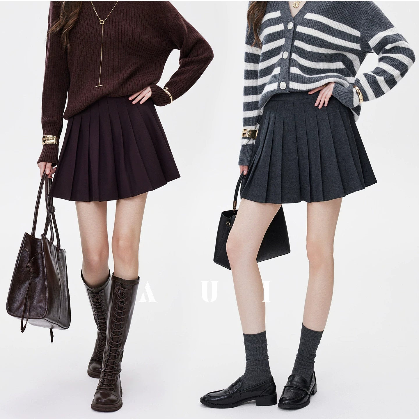 AUI Black Collegiate Age-Reducing Pleated Versatile A-Line Slim Suit Short Skirt - Doh