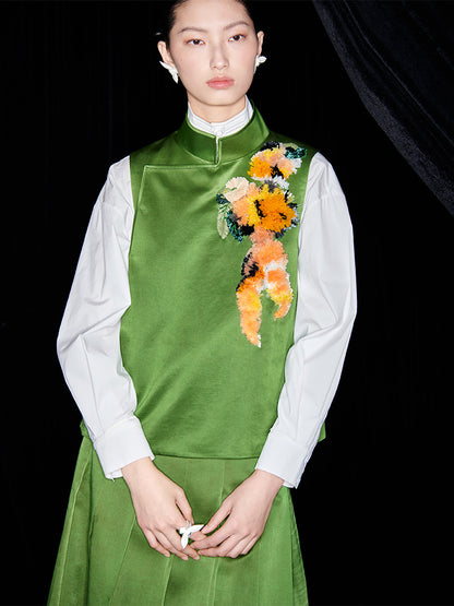 M essential Mackay designer Emerald Green Silk Anemone Raffia Embroidery Vest - jack.