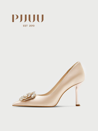 PJJUU champagne colored satin high heels  - TRAIN.