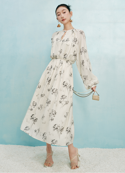 SUSHE white moonlight ink jacquard A-line  French summer long sleeve dress women-FLORA