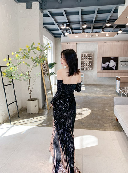 DOLLY High End Black Gold Chest Wrap Long Sleeve Off Shoulder Long Banquet Dress-KANTE