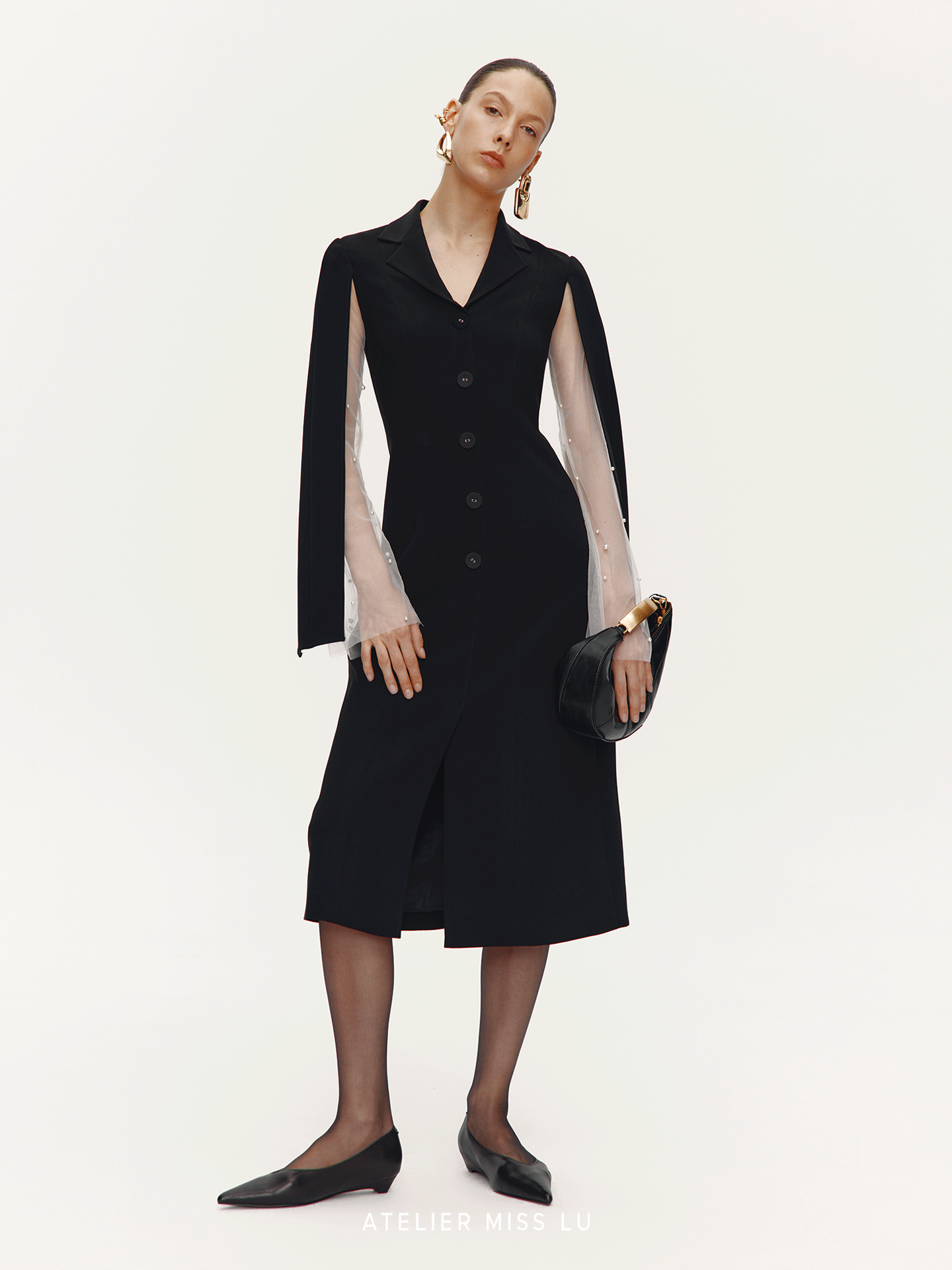 ATELIER MISS LU Pearl Embellished Gauze Sleeve Suit Dress - CONQUER.
