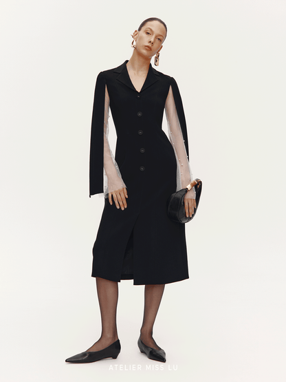 ATELIER MISS LU Pearl Embellished Gauze Sleeve Suit Dress - CONQUER.