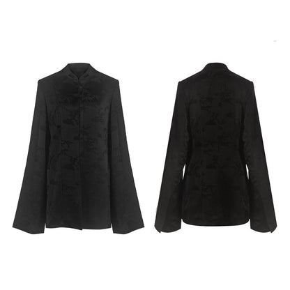 TUYUE Black Weave Stand Collar Slim Blazer - PRECIOUS.