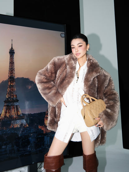 MEI SANGUAN Gray Eco-Fur Short Coat - BLAKE