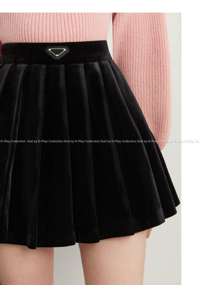 DPLAY Autumn  elegant pleated luxury black Velvet short Skirt - Mian
