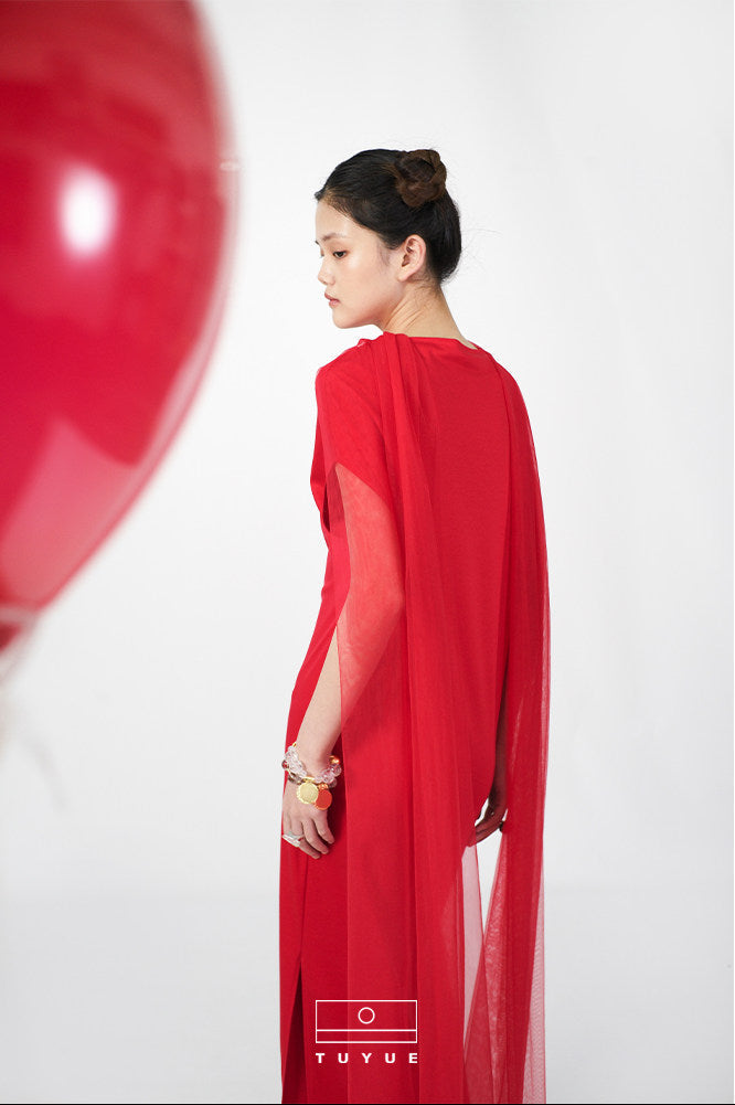 TUYUE Modal Red Long Streamer Elegant Slit Long Dress - AMY.