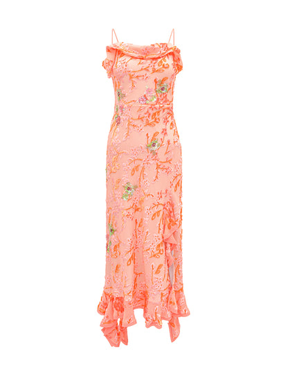 M essential Mackay designer Aorong Velvet irregular ruffled slip dress - Burning Flower