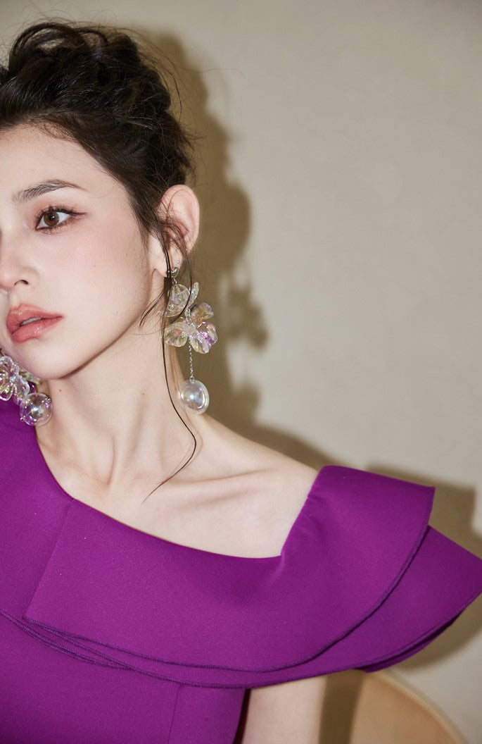 DOLLY High End Purple Ruffled Square Collar Slim Fit Formal Dinner Dress-ANGELIKI