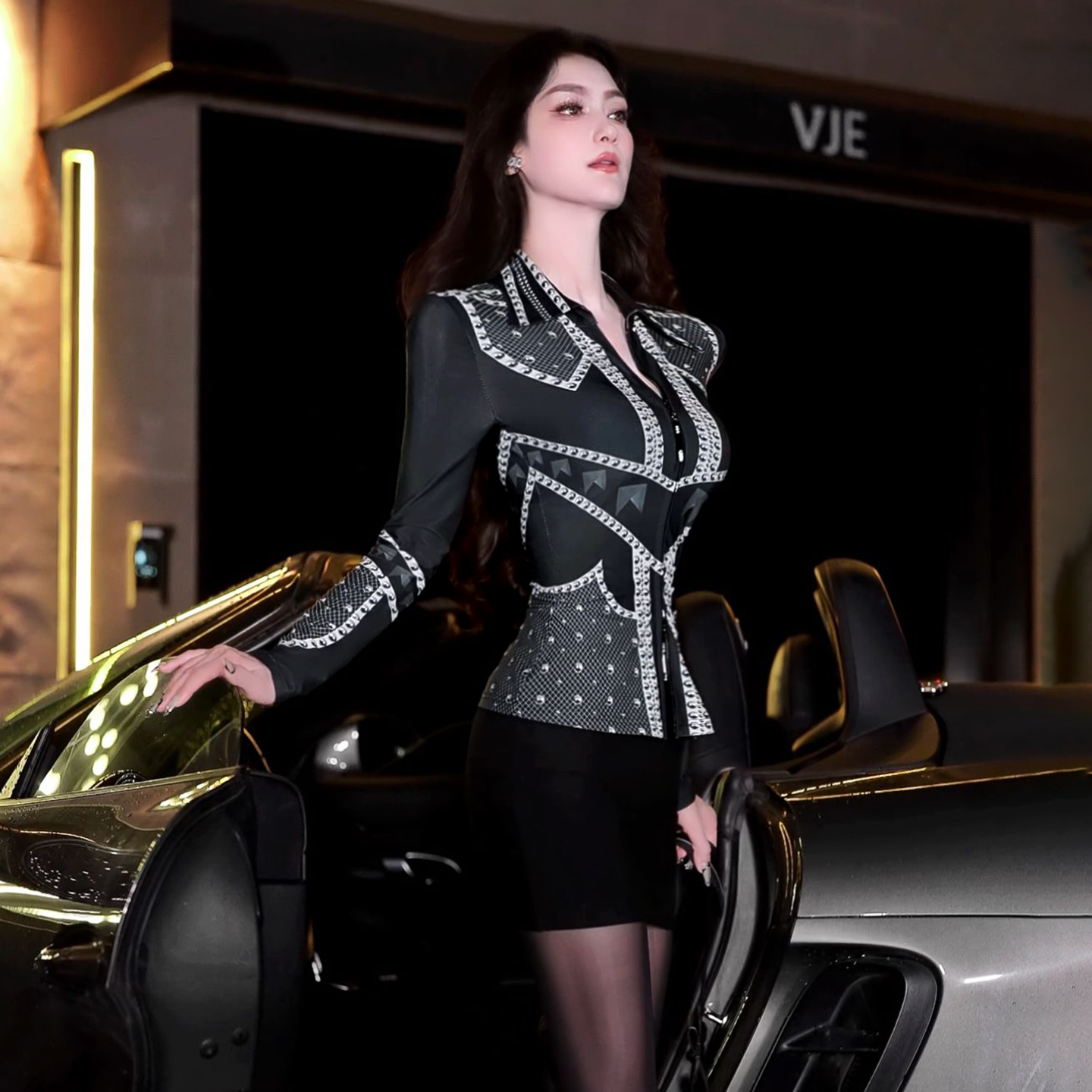 VJE  Rivet Print Slim Cardigan Slim Inner Base Shirt-OZO.