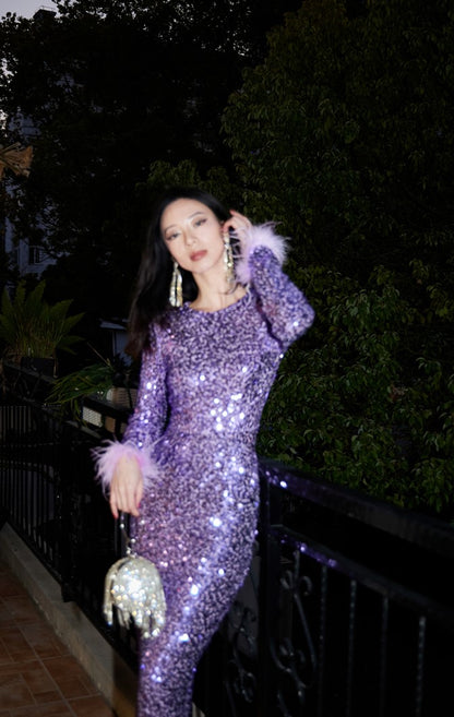 DOLLY Elegant Retro Style Crew Neck Long Sleeve Sequin Long Banquet Dress-TANIA