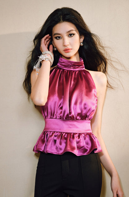 WANGXO Acetate Satin Silky Smooth Collar Cut-Out Aesthetics Shirred Waist Umbrella Top - VIOLA