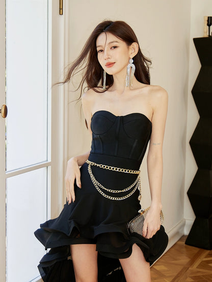 DOLLY High End Black Chet Wrap Sleeveless Off Shoulder Ruffle Dinner Dress-KRISTI