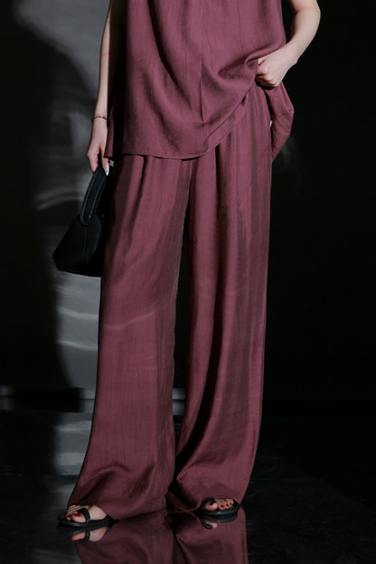 PIAOIN texture linen silk stand up collar sleeveless t-shirt women's straight pants - ARIA