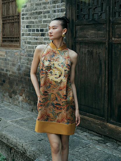 HECO Chinese Stand Collar Color-Blocked Golden Dragon Embroidery Dress - ZIPH