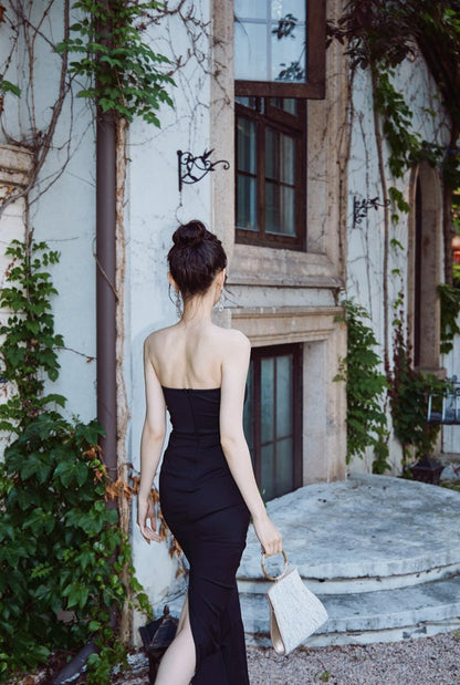 DOLLY Luxury Black Retro Chest Wrap Sleeveless Pleated Slim Fit Mermaid Dinner Dress-IVORY