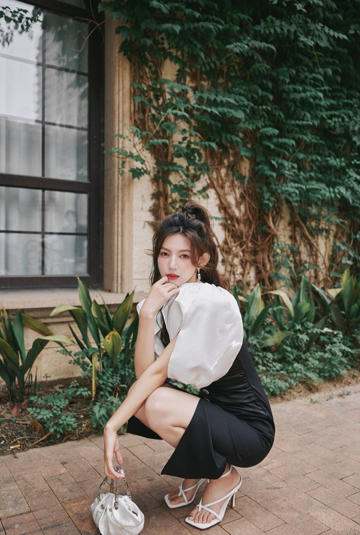 DOLLY Elegant Black and White Deep V-Neck Short Puff Sleeves Slim Fit Office Dress-ZOEY