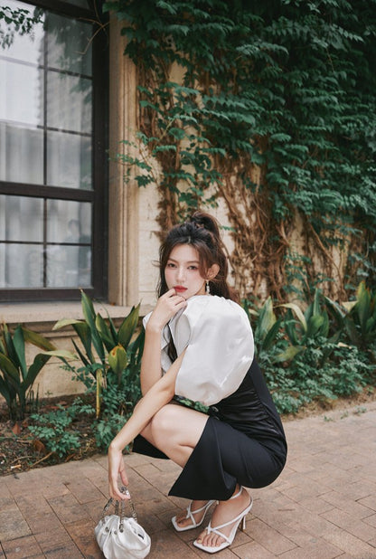 DOLLY Elegant Black and White Deep V-Neck Short Puff Sleeves Slim Fit Office Dress-ZOEY