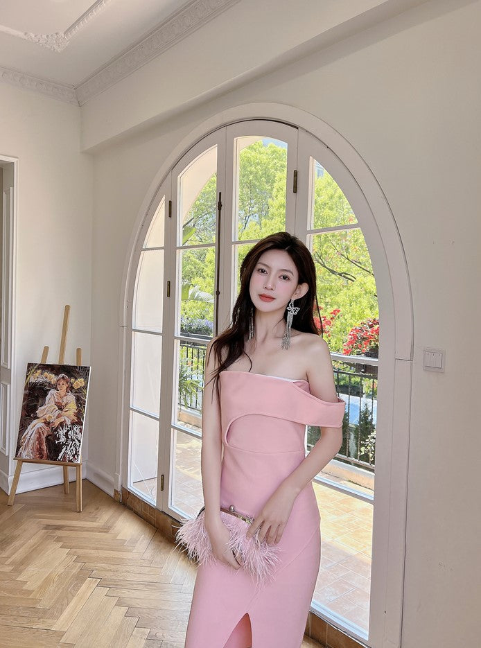 DOLLY Luxury Peach Sleeveless Off Shoulder Knitted Midi Banquet Dress-MANA