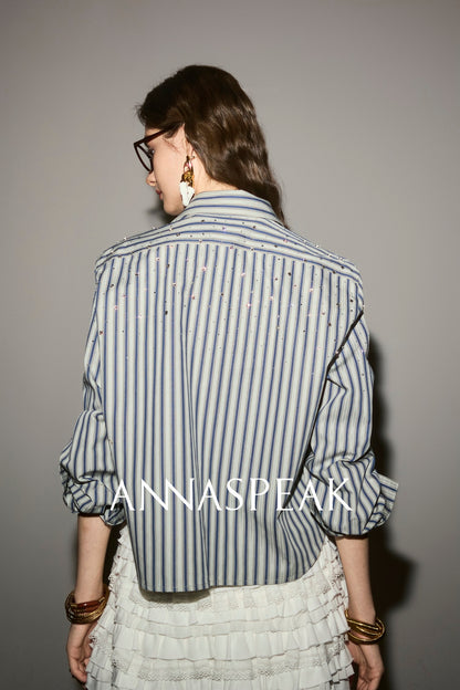 ANNASPEAK striped long staple cotton truncated shirt-QUEN.