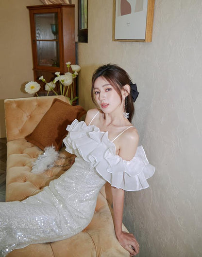 DOLLY Elegant White Off Shoulder Sequin Ruffled Tube Top Banquet Dress-ALICIA