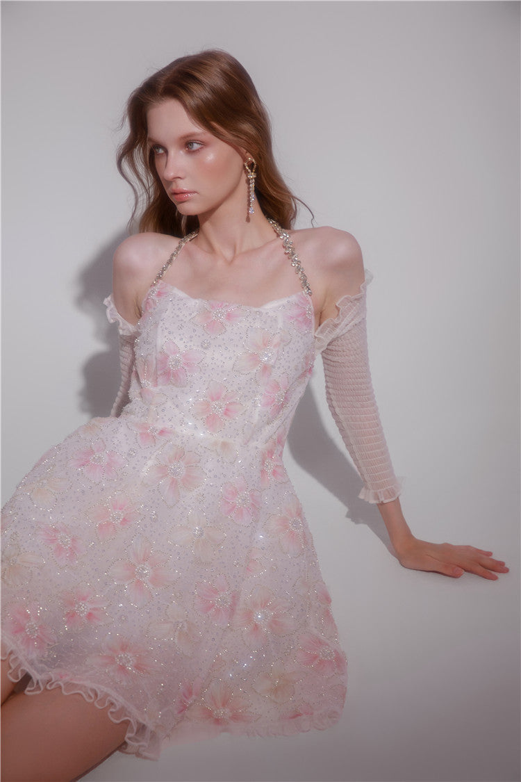 Wardrobes by Chen Elegant Pink Halter Long Sleeve Flower Dinner bridal Dress-Gika